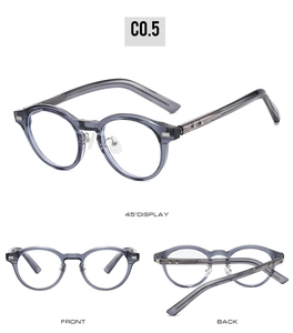 Three-view display of oval TR frames with rivet details and translucent grey finish