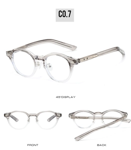 Multi-angle view of oval TR90 eyewear frames with translucent grey gradient and rivets