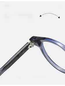 Close-up of high-quality TR frame metal hinge and blue-gray acetate temple detail