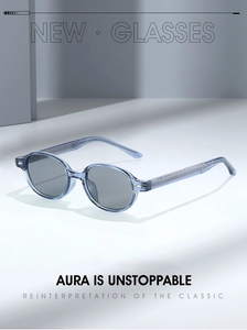 Detailed view of translucent blue TR90 frame with textured temples and grey lenses