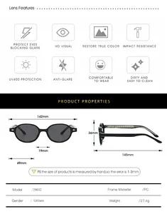 Detailed size chart for unisex round TR90 sunglasses with frame dimensions and weight specs