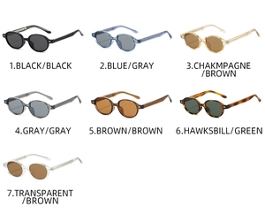 Detailed grid of vintage small round sunglasses in seven various frame and lens colors