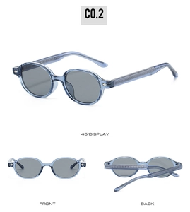 Blue translucent round TR90 sunglasses showing 45-degree, front, and back views