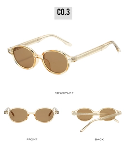 Detail view of round TR90 sunglasses in transparent champagne with embossed temples