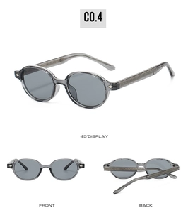 Detailed multi-angle views of TR90 round sunglasses in transparent grey with dark lenses