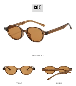 Detailed views of amber brown TR90 oval sunglasses showing front, back, and side angles