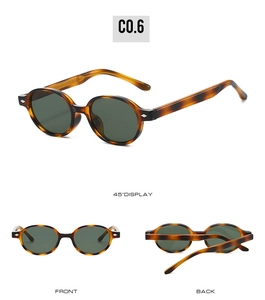 Three views of vintage tortoise shell round sunglasses with green lenses and silver rivets