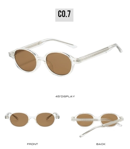 Detailed views of round TR90 sunglasses in transparent brown with inner metal wire detail