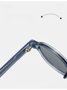 Detail of durable texture metal hinge on light blue transparent TR90 sunglasses