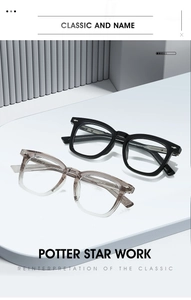 Détail de montures de lunettes rétro carrées en noir et gris dégradé avec rivets