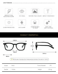Tableau des tailles détaillé des lunettes TR90 carrées rétro avec dimensions et détails