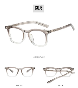 Vues détaillées des lunettes carrées en TR90 avec dégradé transparent gris et brun