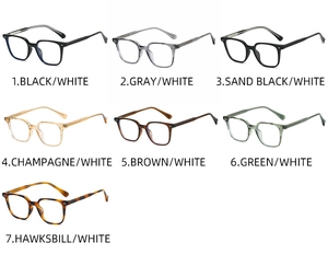 Matrix display of seven different TR90 square frame glasses in various colors and textures