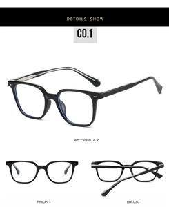 Detail view of classic black TR90 square glasses frames with metal pin accents