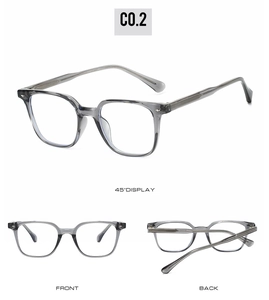Three-way view of transparent grey square glasses frames showing front back and side angles