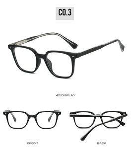 Detail showing TR90 square black frame glasses with silver metal rivets and hinges