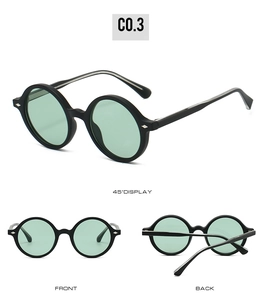 Vue en trois angles des lunettes de soleil ovales rétro TR90 avec verres verts et rivets
