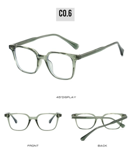Detailed views of transparent olive green square TR90 glasses frames from three angles