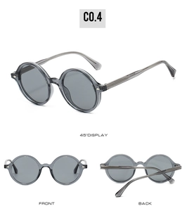 Trois vues de lunettes de soleil ovales rétro avec monture TR90 grise et charnières fixes