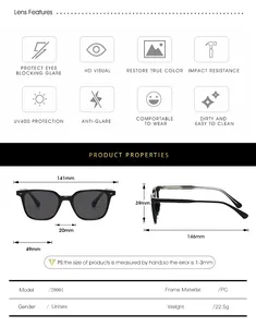 Spécifications de taille et caractéristiques des lunettes de soleil carrées UV400