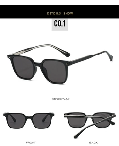 Vues détaillées de lunettes de soleil TR90 noires avec accents en métal et verres gris