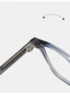 Detail of durable metal hinge on classic gray translucent TR90 square eyeglass frames