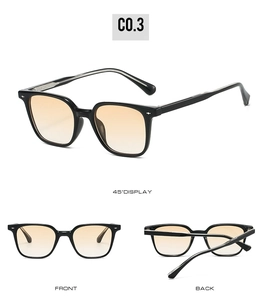 Affichage en trois vues de lunettes de soleil carrées TR90 noires à verres dégradés orange