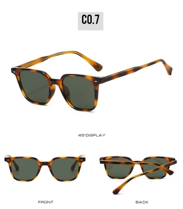 Affichage sous trois angles de lunettes de soleil carrées en écaille avec verres verts