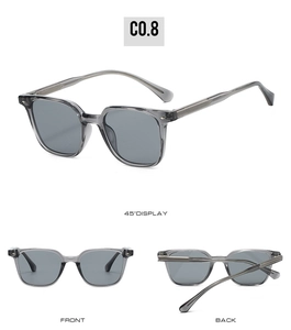 Trois vues de lunettes de soleil carrées TR90 gris transparent montrant l'avant, l'arrière et le profil