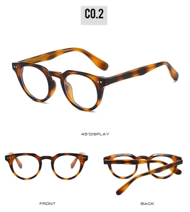 Classic tortoiseshell TR90 glasses frames with metal rivets shown from three angles