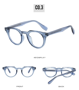 Detailed views of transparent blue TR90 glasses frame with stylish rivet accents