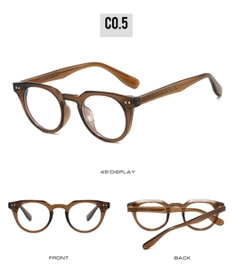 Detailed views of transparent brown square TR90 frames with silver rivet accents