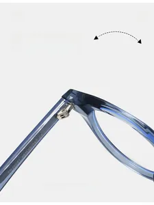 Macro detail of high-quality metal hinges and TR90 frame on blue transparent glasses