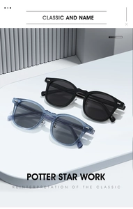 Detailed shot of retro TR90 sunglasses in solid black and translucent blue on white stands
