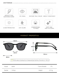 Detailed size chart for TR90 sunglasses showing frame dimensions and UV400 features