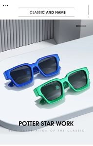 Detail view of bold square frame sunglasses in vibrant electric blue and green finish