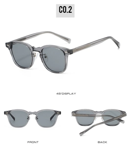 Three views of TR90 sunglasses in transparent grey with metal nose pads and sleek grey lenses