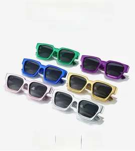 Detailed view of square chunky sunglasses in multiple vibrant colors like green and blue