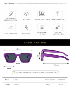Detailed size chart and UV400 lens features for square electroplated sunglasses