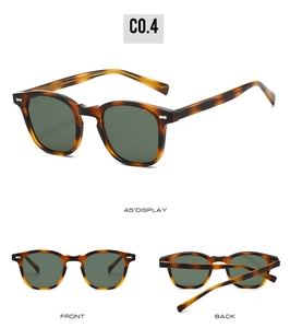 Three views of tortoiseshell sunglasses with dark green lenses and metal rivets