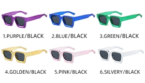 Collage of square sunglasses with metallic frames in six vibrant colors and dark lenses