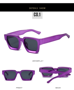 Three-view display of purple square frame sunglasses with metallic finish and dark lenses