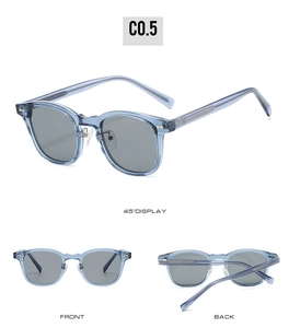 Detail view of TR90 sunglasses in light blue transparent frame with grey lenses
