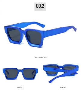 Three-view layout of blue square frame sunglasses showing front, back, and 45-degree angle