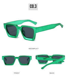 Three-way view of square green metallic sunglasses with dark rectangular lenses