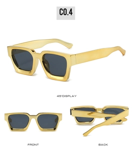 Square gold frame sunglasses with dark lenses shown in front, back and 45-degree views