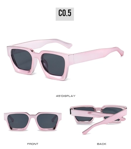 Three-way view of shiny pink square metal sunglasses with grey polarized lenses