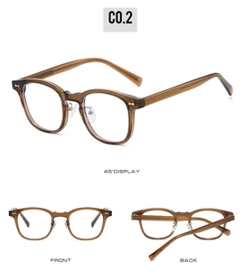 Vue en trois angles de lunettes ambrées en TR90 montrant les côtés, l'avant et l'arrière