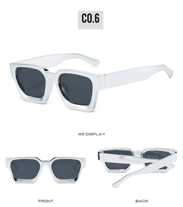 Silver square sunglasses with dark lenses shown in 45-degree, front and back views