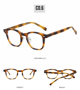 Détails de lunettes rondes TR90 en écaille montrant les vues de face, de dos et à 45 degrés